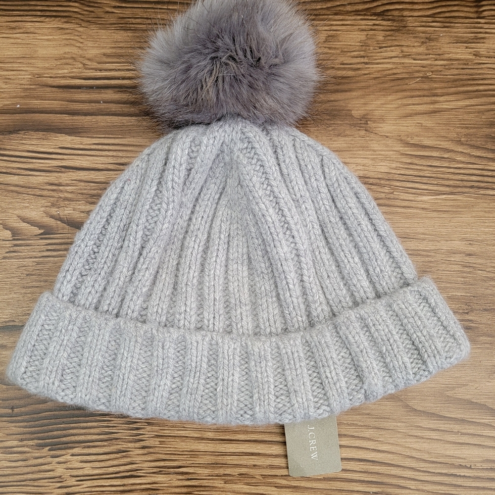 J. Crew Light Gray Ribbed Beanie with Pom-Pom NWT
